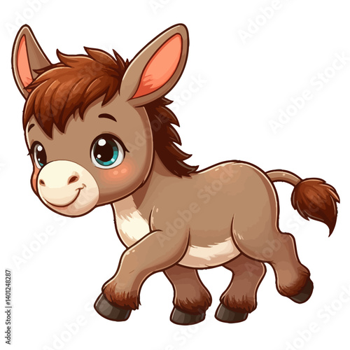 Charming cartoon illustration of a cute chibi-style donkey with big, adorable eyes, a gentle smile, and a playful pose. Represents adorable animals, farm animals, and children's themes.
