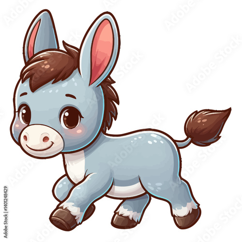 Charming cartoon illustration of a cute chibi-style donkey with big, adorable eyes, a gentle smile, and a playful pose. Represents adorable animals, farm animals, and children's themes.