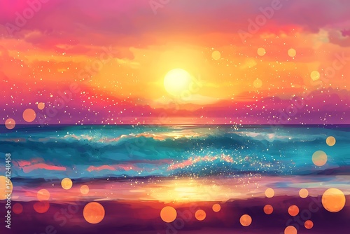 Summer Tropical Beach Sunset with Blurred Horizon and Sparkling Ocean Waters