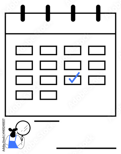 Calendar with a checked date paired with a person studying it, suggesting a focus on scheduling. Ideal for organization, planning, management, productivity, reminders, events goal setting. Flat