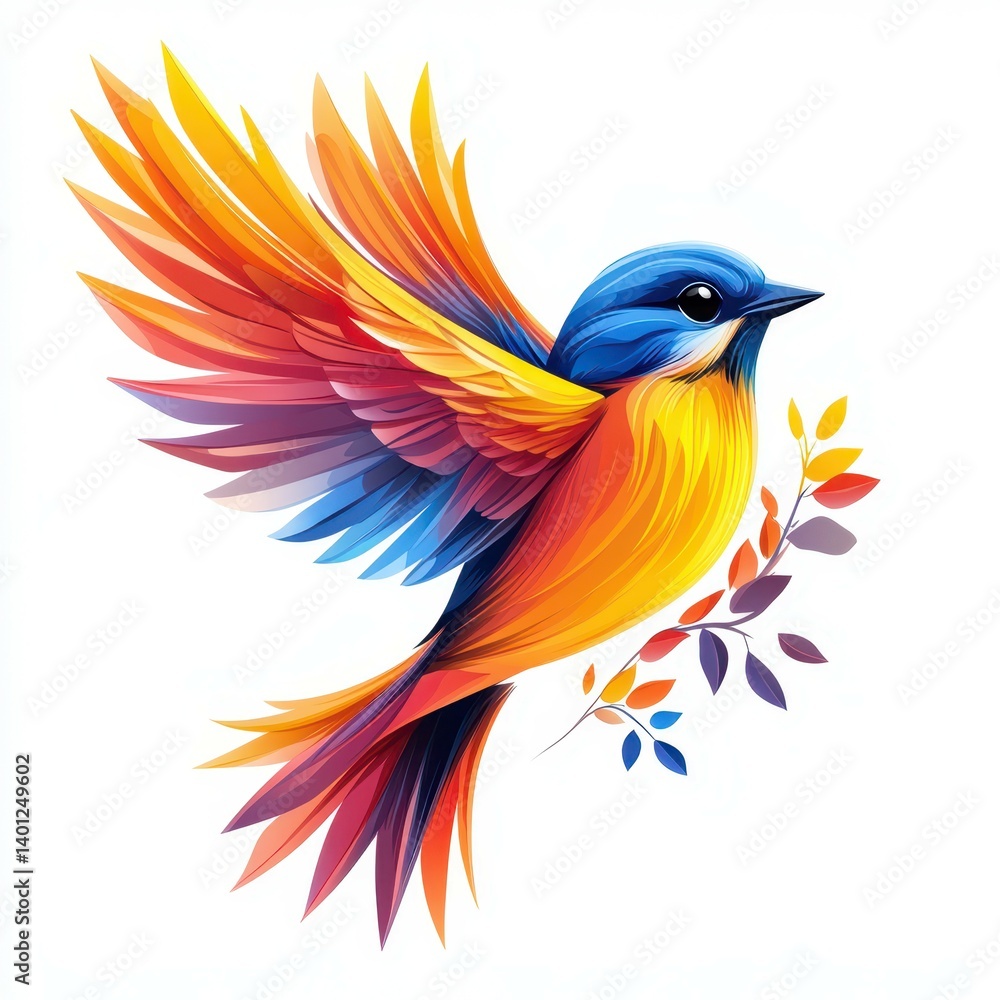 Vibrant bird soaring with colorful feathers against a white background showcasing artistic creativity and natural beauty Vibrant bird soaring with colorful feathers against a white background showcasing artistic creativity and natural beauty