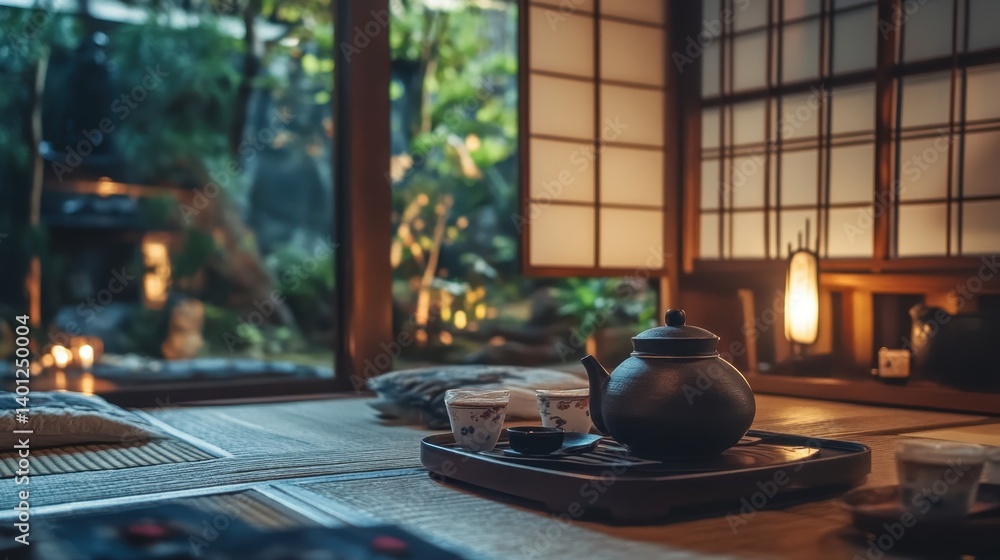 Serene tea setup in a tranquil indoor space with warm lighting and floral accents during the evening Serene tea setup in a tranquil indoor space with warm lighting and floral accents during the evening