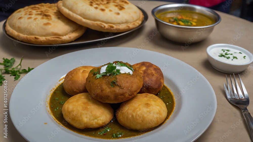Delicious plate of kachoris, deep-fried, crispy and spicy, stuffed pastry filled with a mixture of lentils, onions, and spices served on a table. High definition 4k food photo of popular Indian snack Delicious plate of kachoris, deep-fried, crispy and spicy, stuffed pastry filled with a mixture of lentils, onions, and spices served on a table. High definition 4k food photo of popular Indian snack