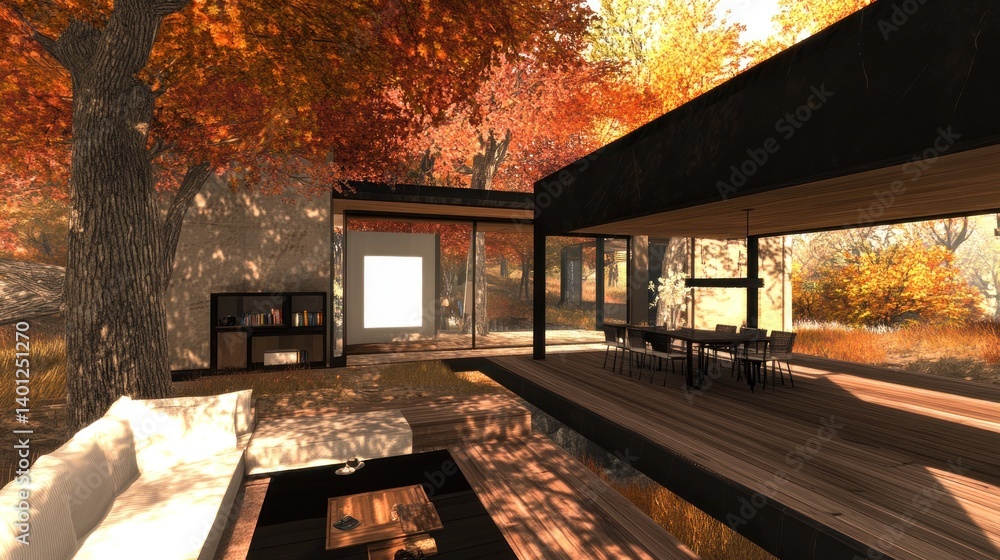 Fototapeta premium Modern architectural design merges with autumn foliage and nature