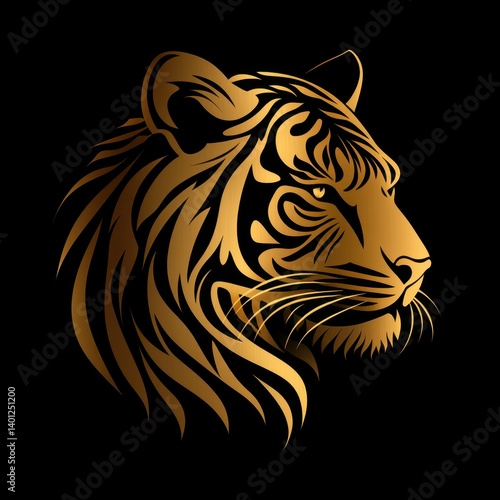 Elegant golden tiger head design with intricate detailing on a black background for artistic use