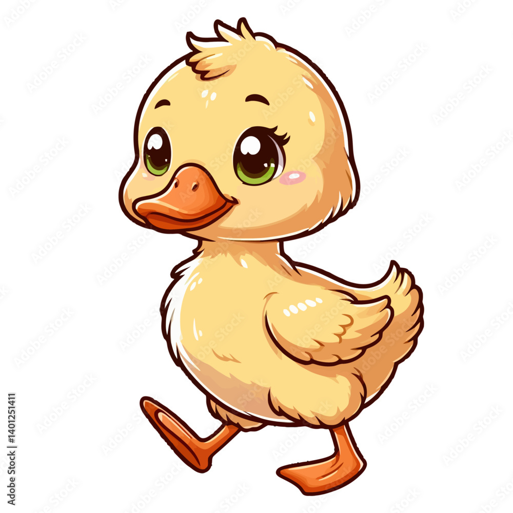 Charming cartoon illustration of a cute, fluffy yellow duckling with big, adorable eyes and a cheerful expression, taking a step. Represents adorable animals, baby animals, and children's themes. Charming cartoon illustration of a cute, fluffy yellow duckling with big, adorable eyes and a cheerful expression, taking a step. Represents adorable animals, baby animals, and children's themes.