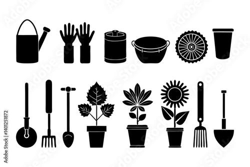 Gardening Tools Silhouette Icon Set – Vector Collection of Garden Equipment and Plant Symbols