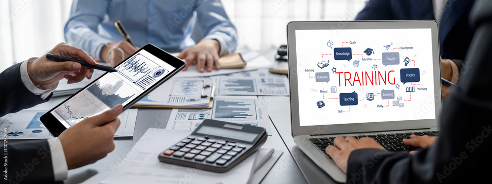 Business intelligence and data analysis concept. Analyst team working on financial data analysis dashboard on laptop screen as marketing indication for effective business strategic planning. Insight