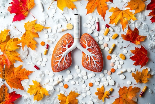 Symbolic depiction lungs surrounded by autumn leaves, cigarettes, and pills, illustrating the impact smoking on respiratory health and the importance awareness