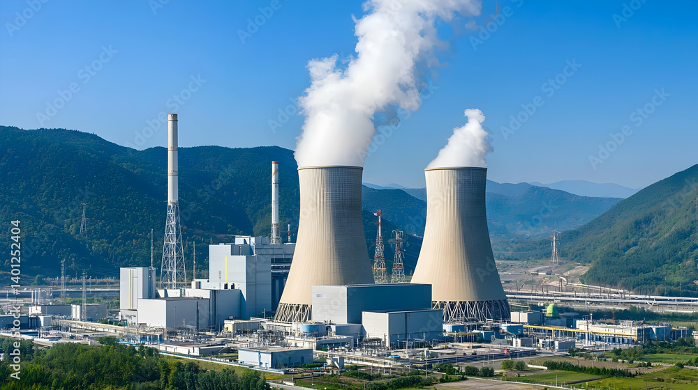 Large Power Plant With Cooling Towers And Smoke Stacks Large Power Plant With Cooling Towers And Smoke Stacks