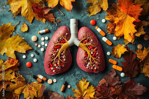 Symbolic depiction lungs surrounded by autumn leaves, cigarettes, and pills, illustrating the impact smoking on respiratory health and the importance awareness