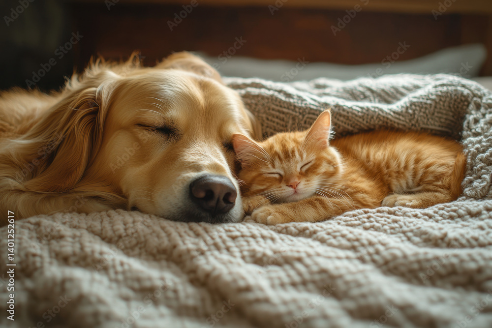 Obraz premium Cat and dog peacefully asleep on a cozy blanket, displaying heartwarming companionship.
