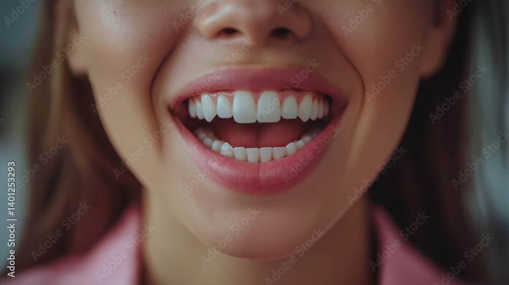Obraz premium Perfect Smile: The image showcases a close-up of a woman's radiant smile, her perfectly aligned, white teeth sparkling with health and vitality, radiating pure joy and confidence.
