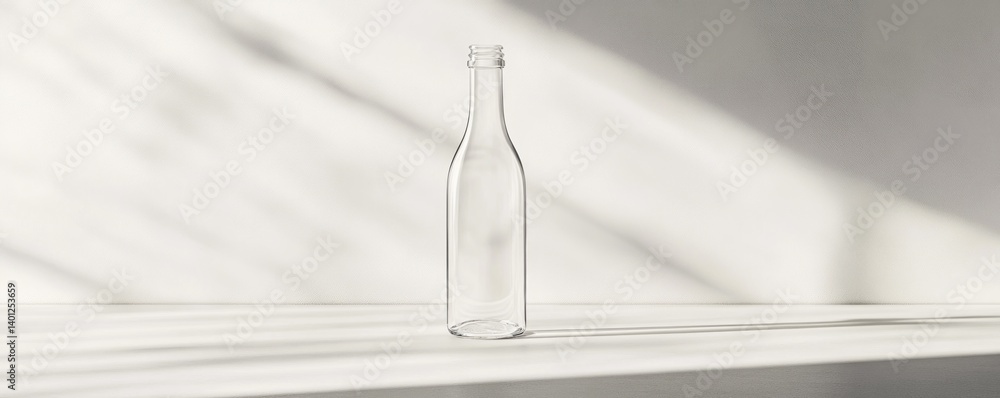A clear glass bottle mockup standing tall on a white surface, its simple elegance perfect for showcasing labels or designs