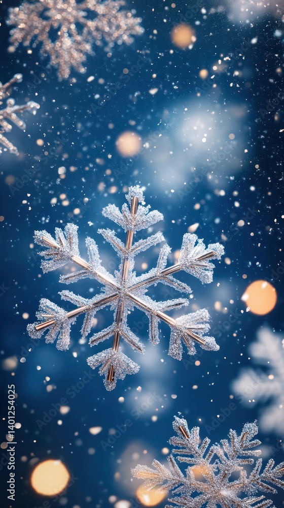 Delicate snowflakes gently fall against a deep blue backdrop, creating a tranquil winter atmosphere Delicate snowflakes gently fall against a deep blue backdrop, creating a tranquil winter atmosphere