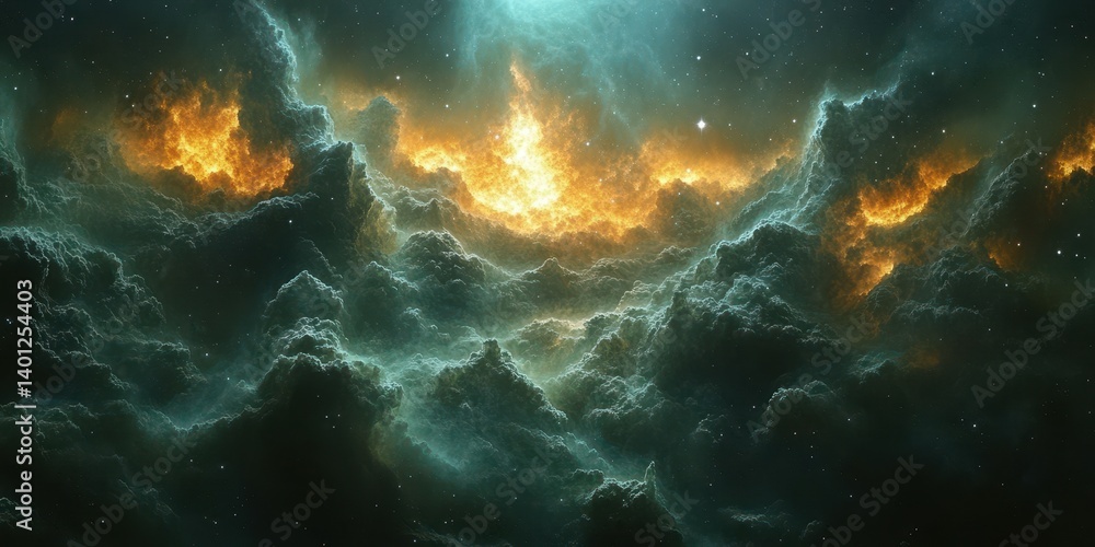 Vibrant cosmic clouds illuminated by fiery colors in deep space during a celestial event Vibrant cosmic clouds illuminated by fiery colors in deep space during a celestial event