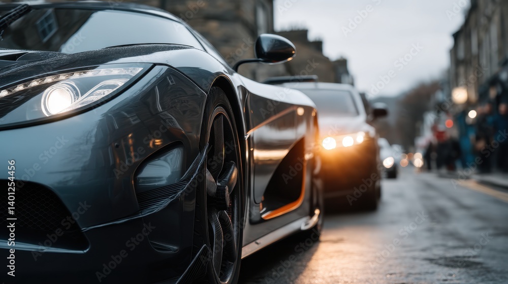 Luxury Sports Cars on a City Street with Illuminated Headlights at Dusk Luxury Sports Cars on a City Street with Illuminated Headlights at Dusk