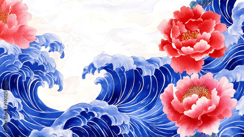 Beautiful floral and wave pattern featuring vibrant red peonies and dynamic blue ocean waves, creating harmonious design