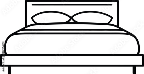 Minimalist Bed Silhouette Vector – Simple Black and White Illustration Featuring a Headboard, Pillows & Mattress