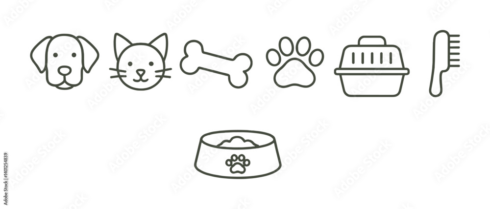 Fototapeta premium Outline icons of dog, cat, bone, paw, carrier, brush, and bowl.