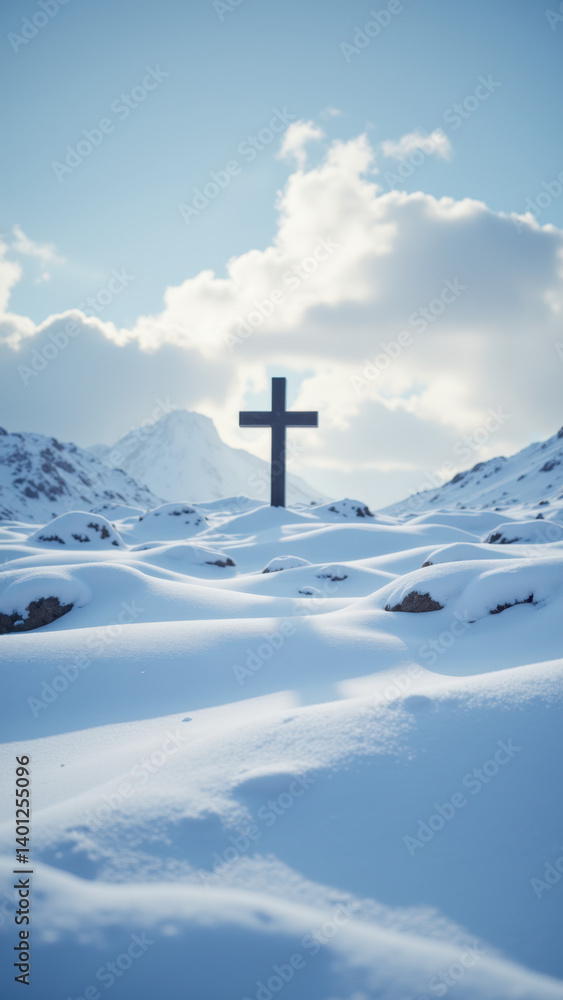 A cross stands prominently against a snowy mountain backdrop under a cloudy sky, symbolizing faith and strength. A cross stands prominently against a snowy mountain backdrop under a cloudy sky, symbolizing faith and strength.