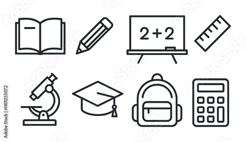 Education icons: book, pencil, board, ruler, microscope, graduation cap, backpack, calculator.