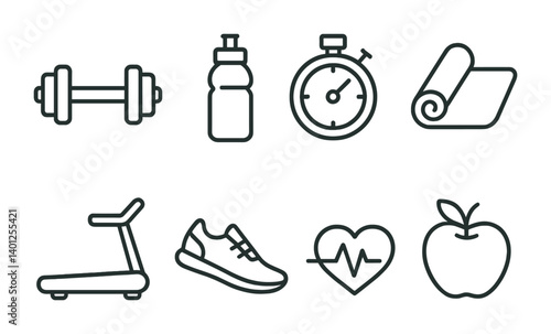 Fitness icons: dumbbell, water bottle, stopwatch, yoga mat, treadmill, shoe, heartbeat, apple.