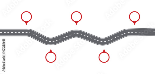 Abstract vector highway road illustration of winding curve asphalt road infographic. direction, Way location, highway, pinpointer, timeline milestone, marketing data presentation concept template