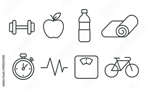 Fitness and health icons set: dumbbell, apple, water bottle, yoga mat, stopwatch, heartbeat, scale, bicycle.