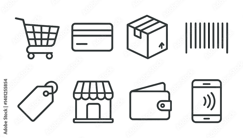 Shopping and payment icons set featuring credit card, barcode, and wallet. Shopping and payment icons set featuring credit card, barcode, and wallet.