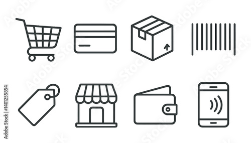 Shopping and payment icons set featuring credit card, barcode, and wallet.