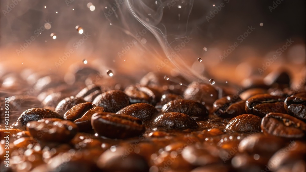 Close-up of roasted coffee beans with steam and droplets, capturing the rich textures and aromas of freshly brewed coffee. Close-up of roasted coffee beans with steam and droplets, capturing the rich textures and aromas of freshly brewed coffee.