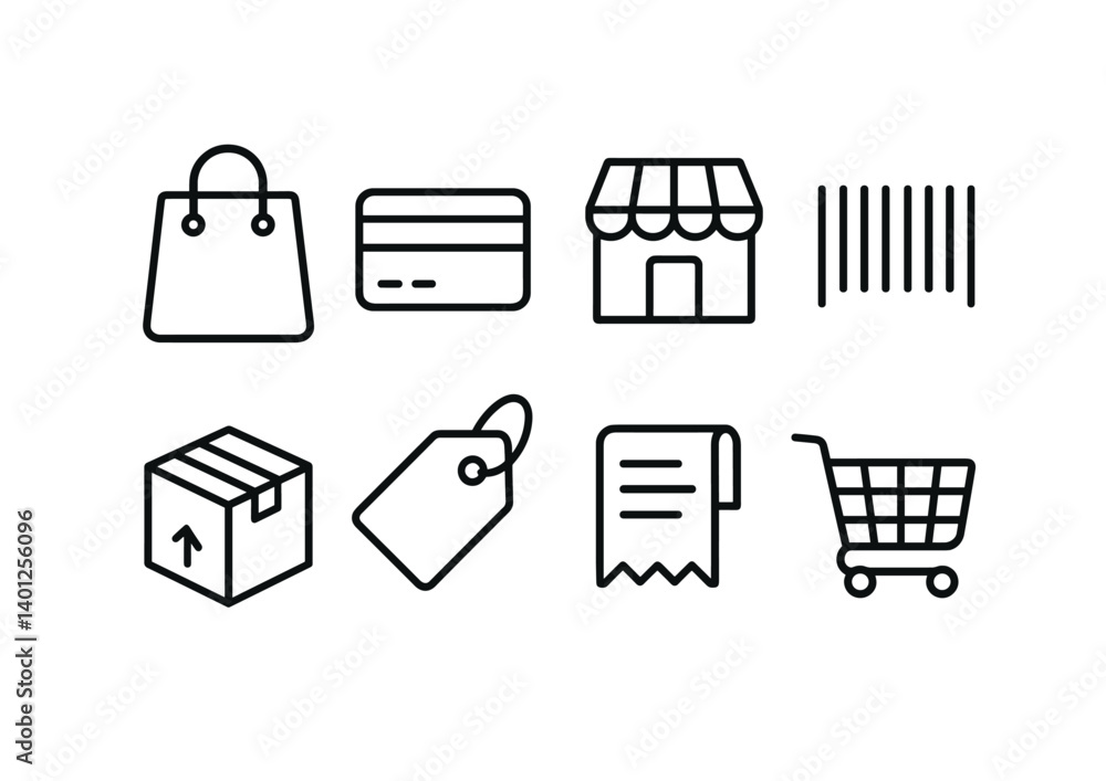 E-commerce icons set: shopping, payment, store, barcode, cart, package, receipt. E-commerce icons set: shopping, payment, store, barcode, cart, package, receipt.