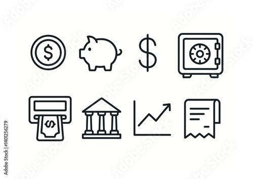 Financial icons set: money, piggy bank, safe, atm, bank, graph, receipt symbols.