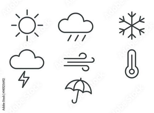 Weather icons collection: sun, cloud, rain, snowflake, wind, lightning, umbrella, thermometer.