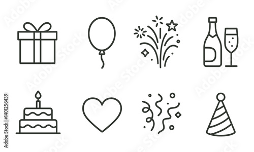Celebration icons: gift, balloon, fireworks, champagne, cake, heart, confetti, party hat.