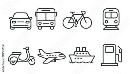 Transportation icons set featuring car, bus, bicycle, train, scooter, airplane, ship, and gas pump.