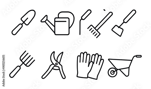 Gardening tools set: trowel, watering can, shovel, rake, pruning shears, wheelbarrow, gloves.