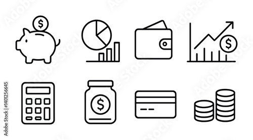 Financial icons set: piggy bank, graphs, wallet, credit card, coins, calculator, money jar.
