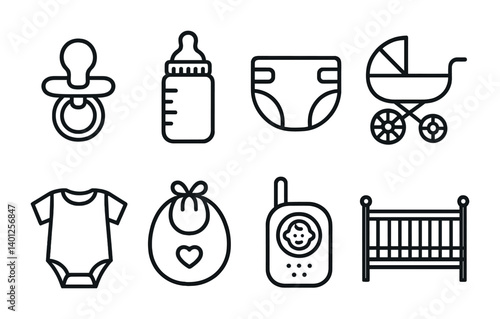 Baby essentials outline: pacifier, bottle, diaper, stroller, onesie, bib, monitor, crib.
