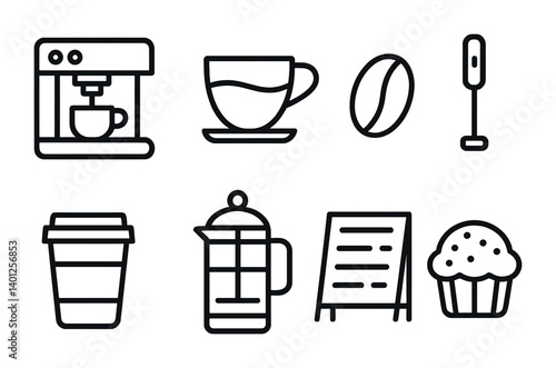 Minimalist coffee icons set: espresso machine, cup, coffee bean, frother, to-go cup, french press, menu board, muffin.