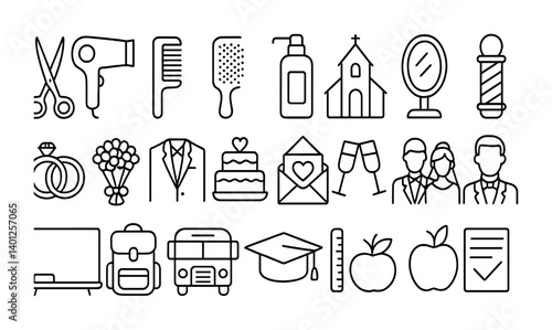 Icon set: weddings, education, grooming, and transport.