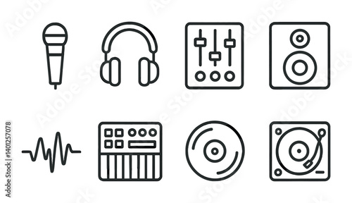 Audio equipment icons: microphone, headphones, mixer, speaker, sound wave, turntable.