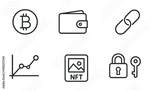Cryptocurrency icons: bitcoin, wallet, link, graph, nft, lock and key.