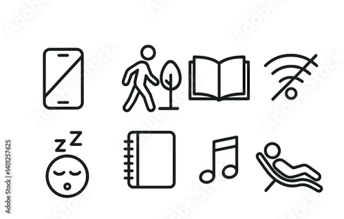Minimalist icons of smartphone, walking, book, wi-fi, sleeping, notebook, music, relaxation.