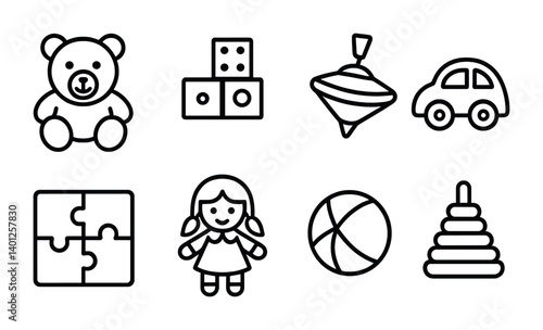 Outline icons of classic toys including teddy bear, toys for children, and puzzle pieces.