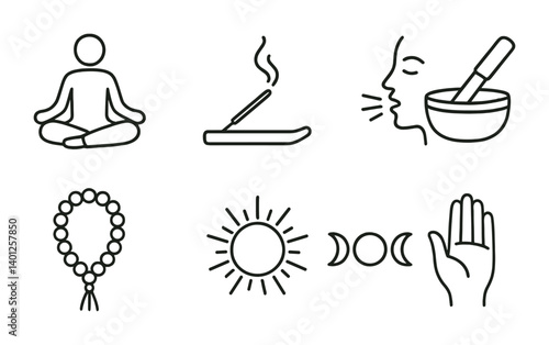 Minimalist meditation and spirituality icons featuring yoga, incense, and symbols.