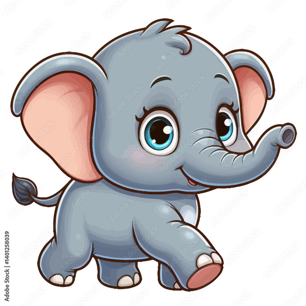 Obraz premium Charming cartoon illustration of a cute baby elephant with big, adorable eyes, large ears, and a playful expression, taking a step. Represents adorable animals, wildlife, and children's themes.