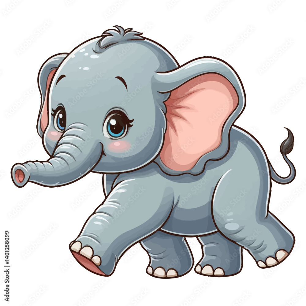 Fototapeta premium Charming cartoon illustration of a cute baby elephant with big, adorable eyes, large ears, and a playful expression, taking a step. Represents adorable animals, wildlife, and children's themes.