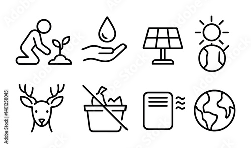 Sustainability icons: planting, water conservation, solar energy, recycling, wildlife protection, environmental care.